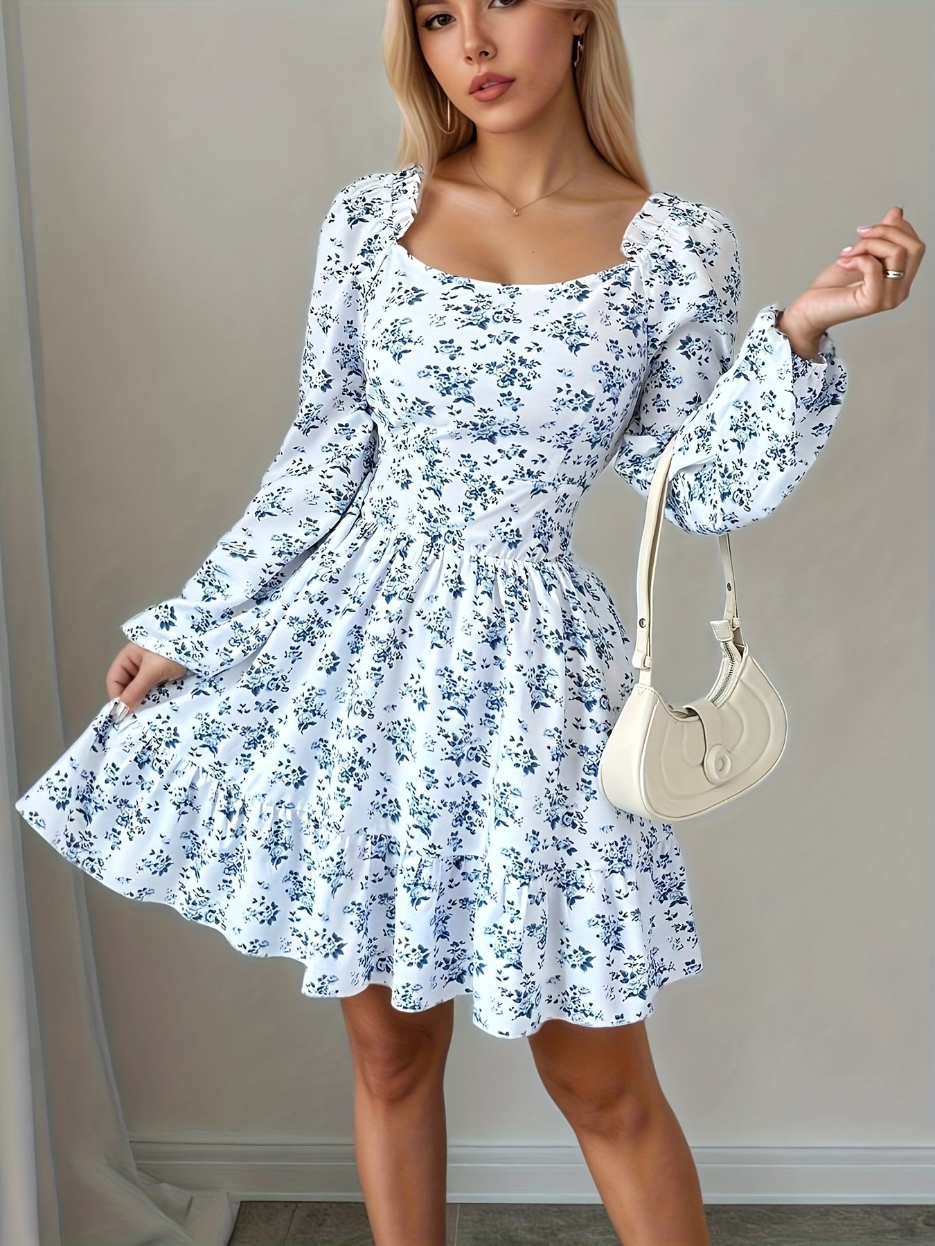 Women'S Sexy Elegant Square Neck Floral Print Long Sleeve Dress with Shirred Back Tie and Ruffle Detail, Polyester, All-Season Wear