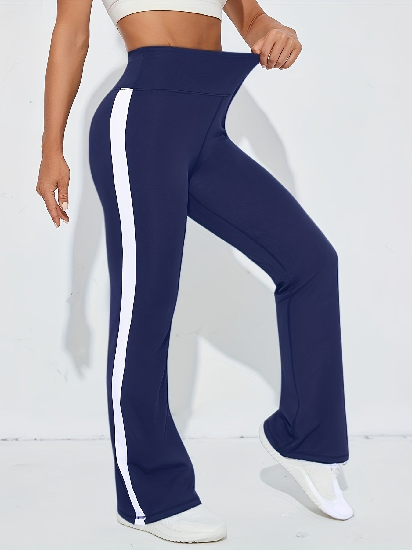1pc Women's High-Waisted Yoga Pants - Tummy Control Tummy Control Stretchy Athletic Leggings with Striped Design, Flared Bottoms for Workout & Casual Wear, All-Season Machine Washable