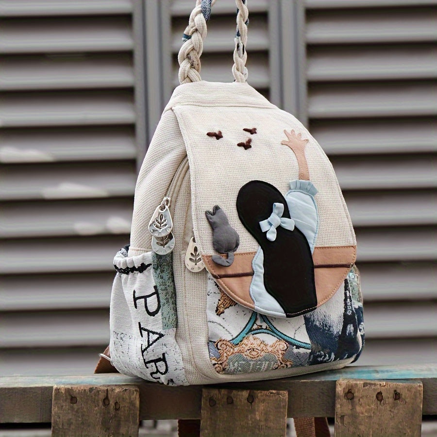 Randomly Cut Bohemian Style Ethnic Style Multi-color Cute Kitten And Goose Double Shoulder Backpack Personality Fashion Backpack