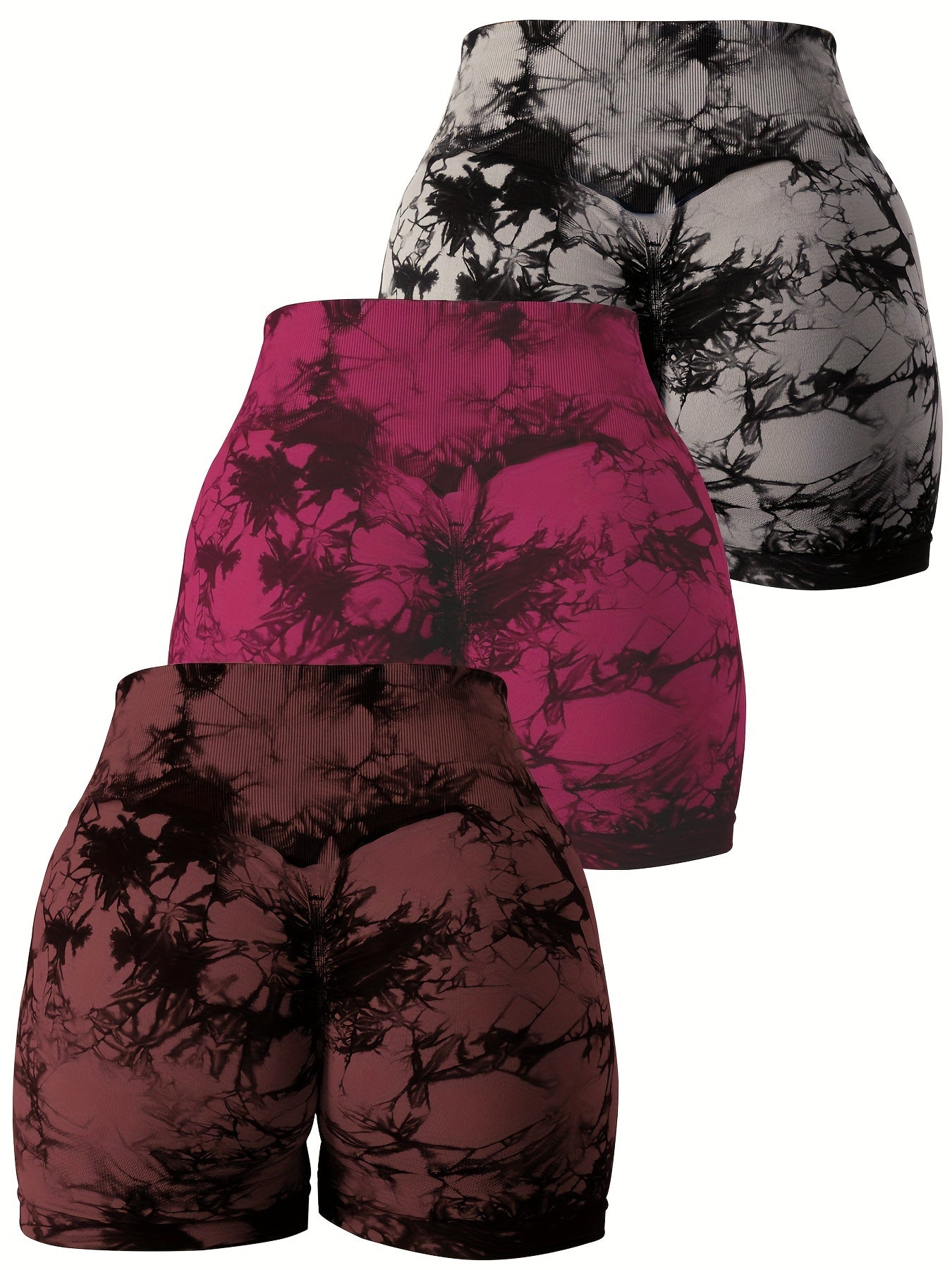 3pcs Women's High Waist Tie-Dye Yoga Shorts - Seamless, Stretchy Nylon Workout Shorts with Vibrant Purple & Black Tie-Dye Pattern, Breathable Gym & Athletic Gear for Summer