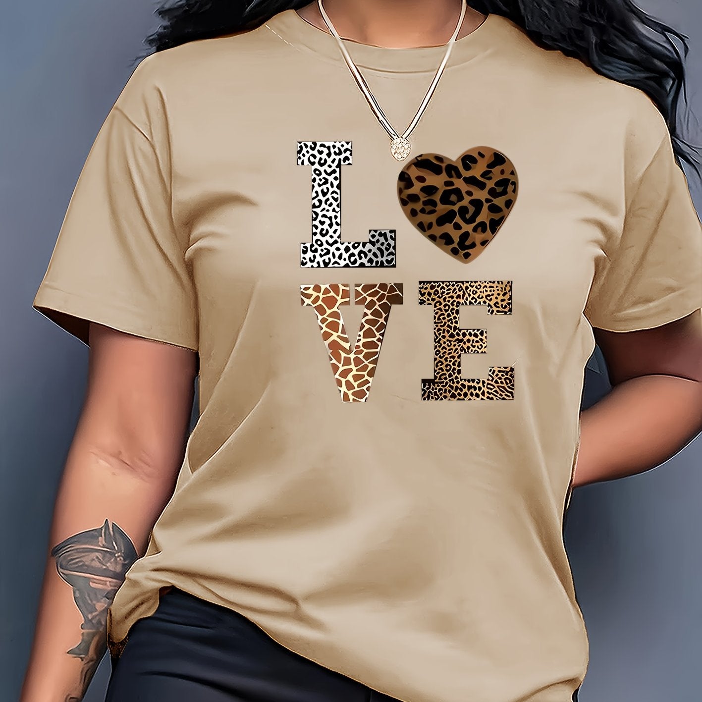 Stylish White 'LOVE' Leopard Heart Print Tee - Casual Round Neck Short Sleeve, 100% Polyester, Machine Washable - Perfect for All Seasons, Casual Wear Tee|Leopard Heart Design|Stretchable Material