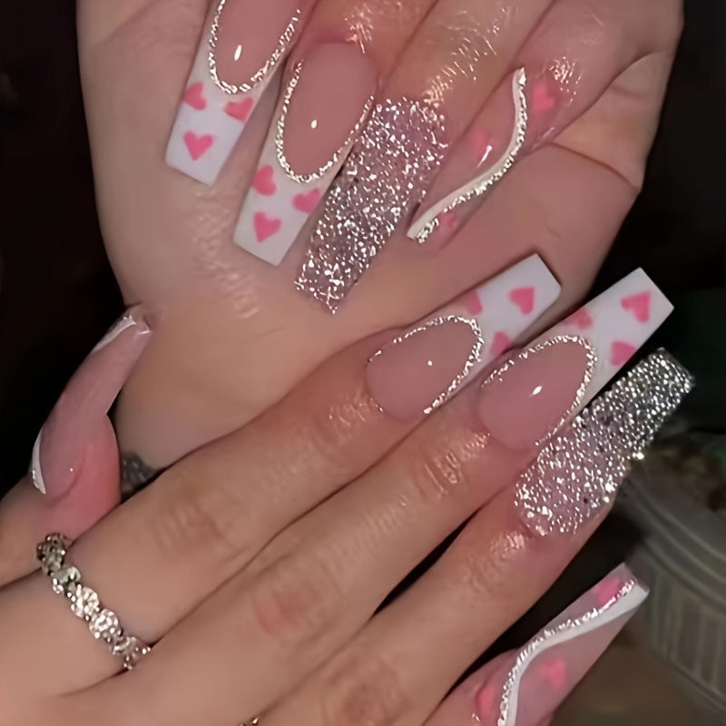 5-Pack (120 Pcs) Long Coffin Press-On Nails with Glittering French Tip - 3D Flower & Heart Rhinestone Design + 20pcs Ring Set - Mixed Glossy Finish, Adhesive Tabs & Nail File Included - Ultimate Glam for Women