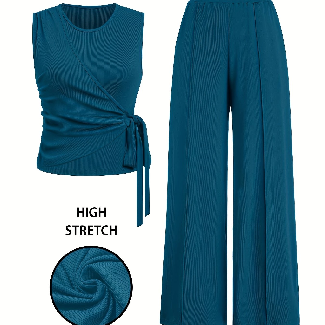 Elegant Women's Sleeveless Ribbed Top & Wide-Leg Pants Set – Bow Detail, Stretchy Knit Two-Piece Outfit for Spring/Summer