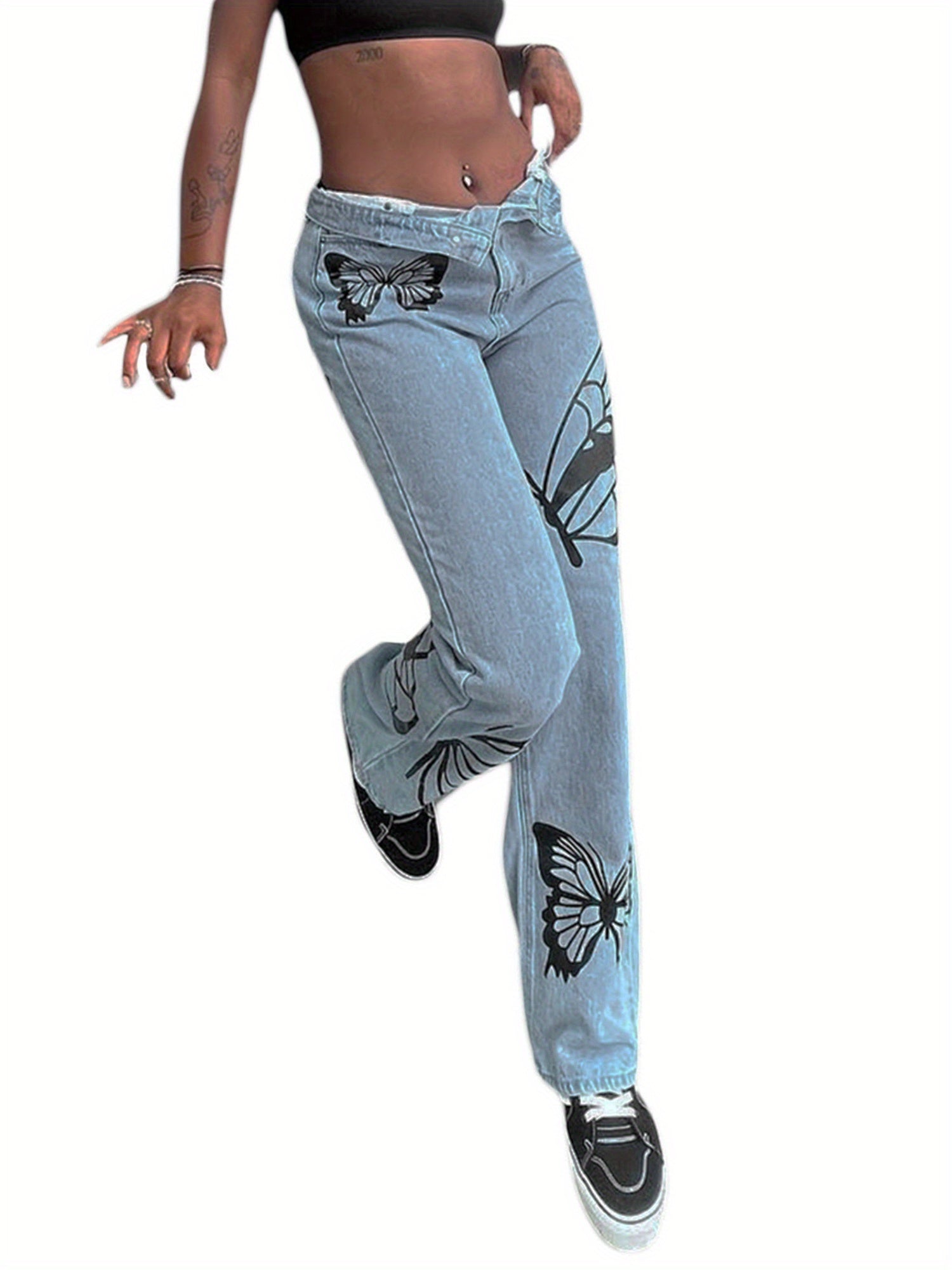 Womens Straight Leg Boyfriend Jeans, High Waist Butterfly Print Loose Denim Pants