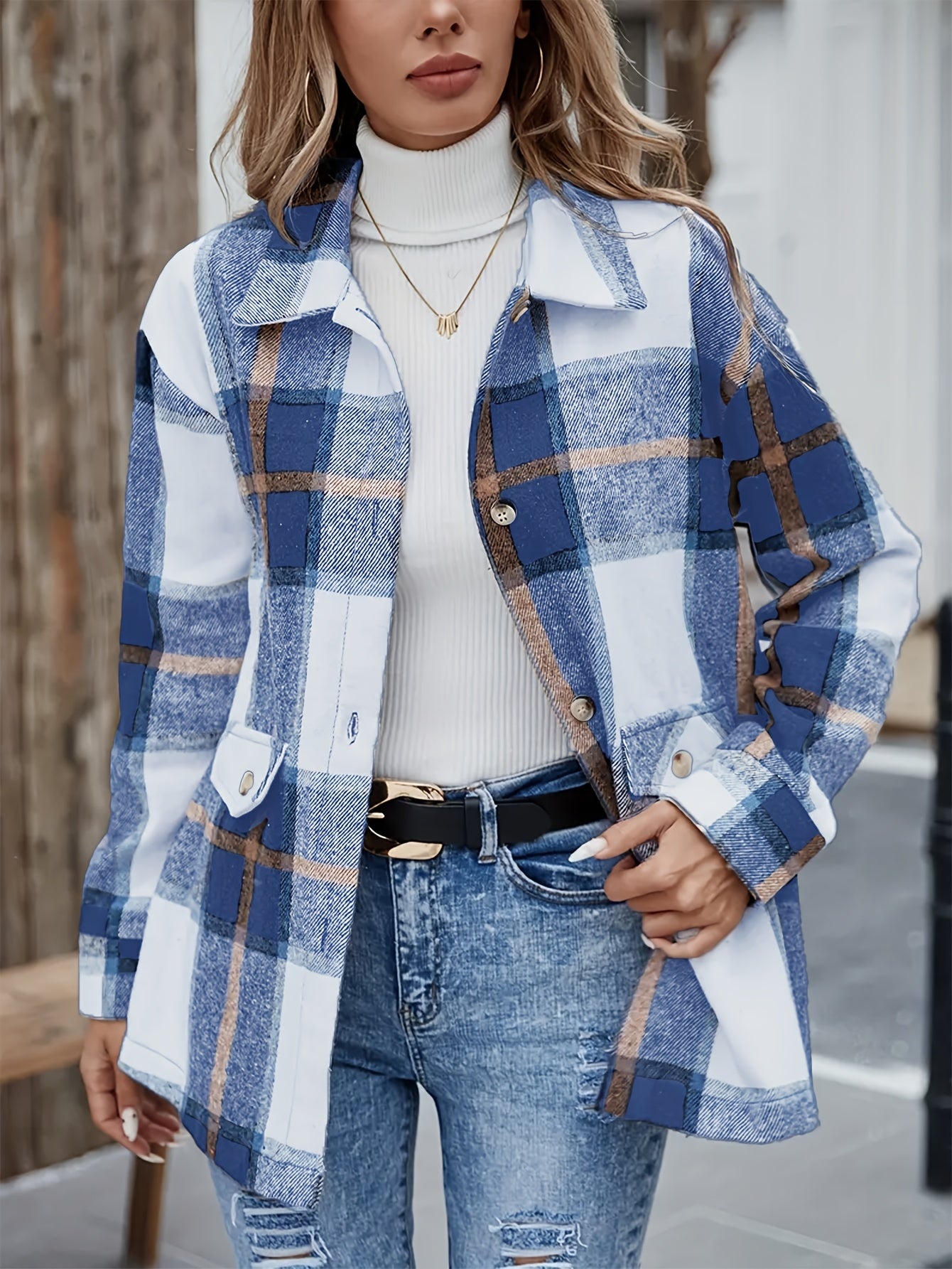 Elegant Plaid Long Sleeve Shirt, Women'S Blue, Polyester, Lapel Collar, Woven, 120gsm, for Spring/Summer
