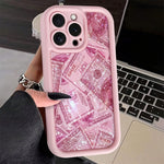 A Shockproof Full Coverage Protective Case Featuring a High Bamboo Pink Rose And Golden Dollar Design, Compatible with Apple Iphone Models 6 Through 16 Pro Max.