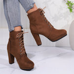 Women'S 2023 Combat Boots - Solid Color Lace-Up, Chunky Heel, Platform, Slim Fit, Round Toe, Fabric Upper, Rubber Sole, Comfortable All-Season Shoes.