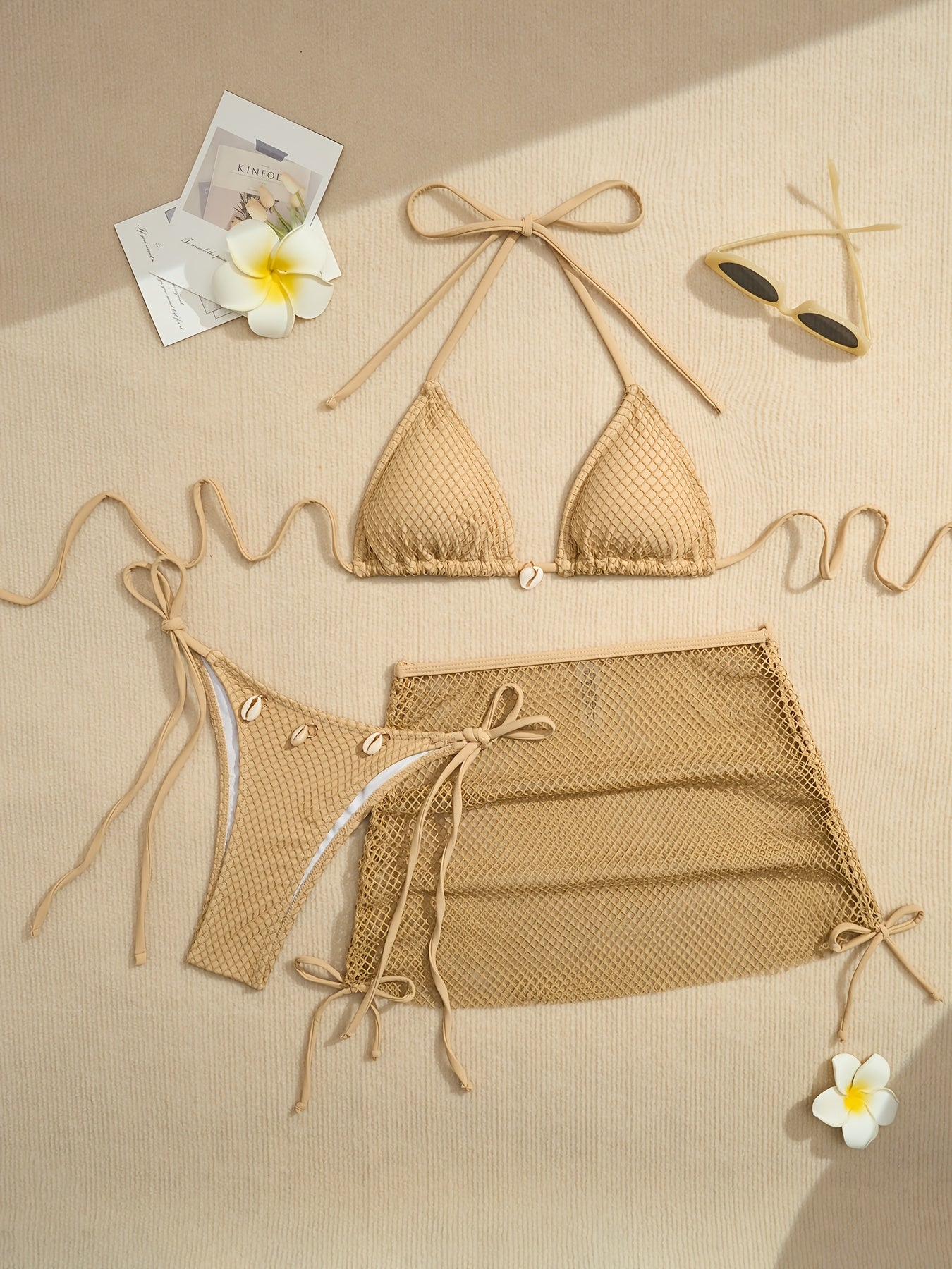 Solid Color 3pcs Bikini Set, Halter Neck with Mesh Tie Back and High Cut Sides, Cover-Up Wrap Swimsuit, Women's Swimwear and Clothing Triangle Top
