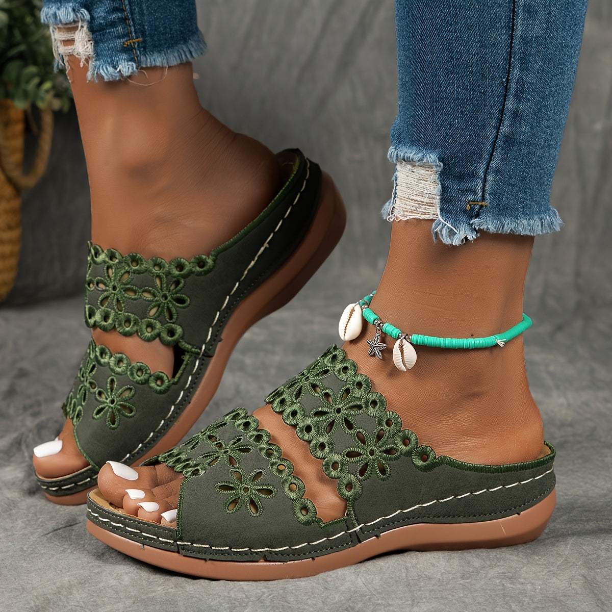 Women's Brown Synthetic Leather Slide Sandals - Open Toe, Floral Cut-Out Design, Soft TPU Sole, Comfortable Summer Footwear for Casual Wear, Stylish Outdoor Wear | Floral Cutout Sandals | Comfortable TPU Sole, Strappy Sandals