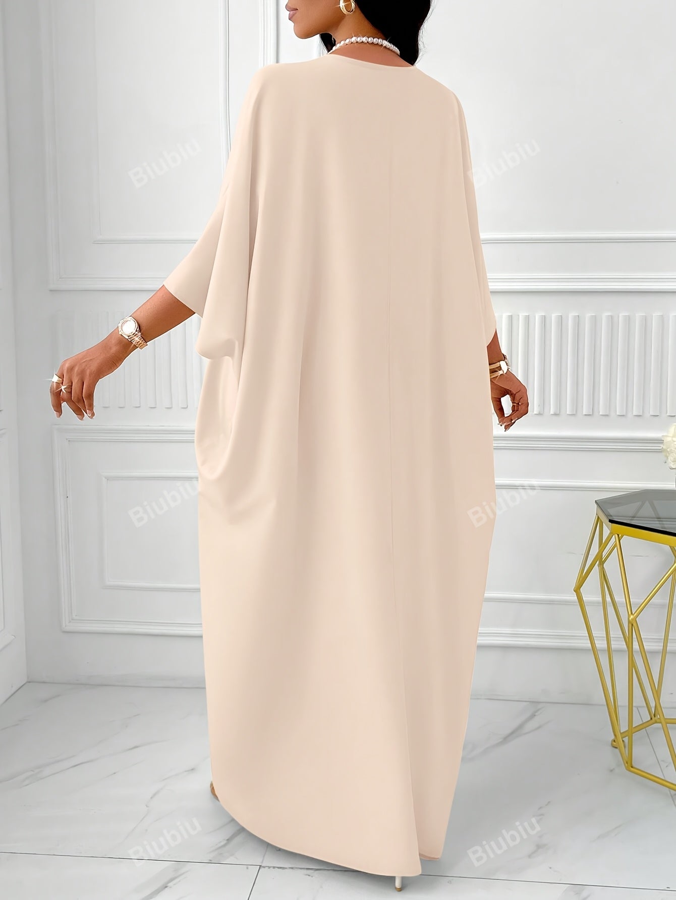 Elegant Solid Color V-Neck Cap Sleeve Side Slit Tunic Dress for Women - 100% Polyester Casual All-Season Long Dress