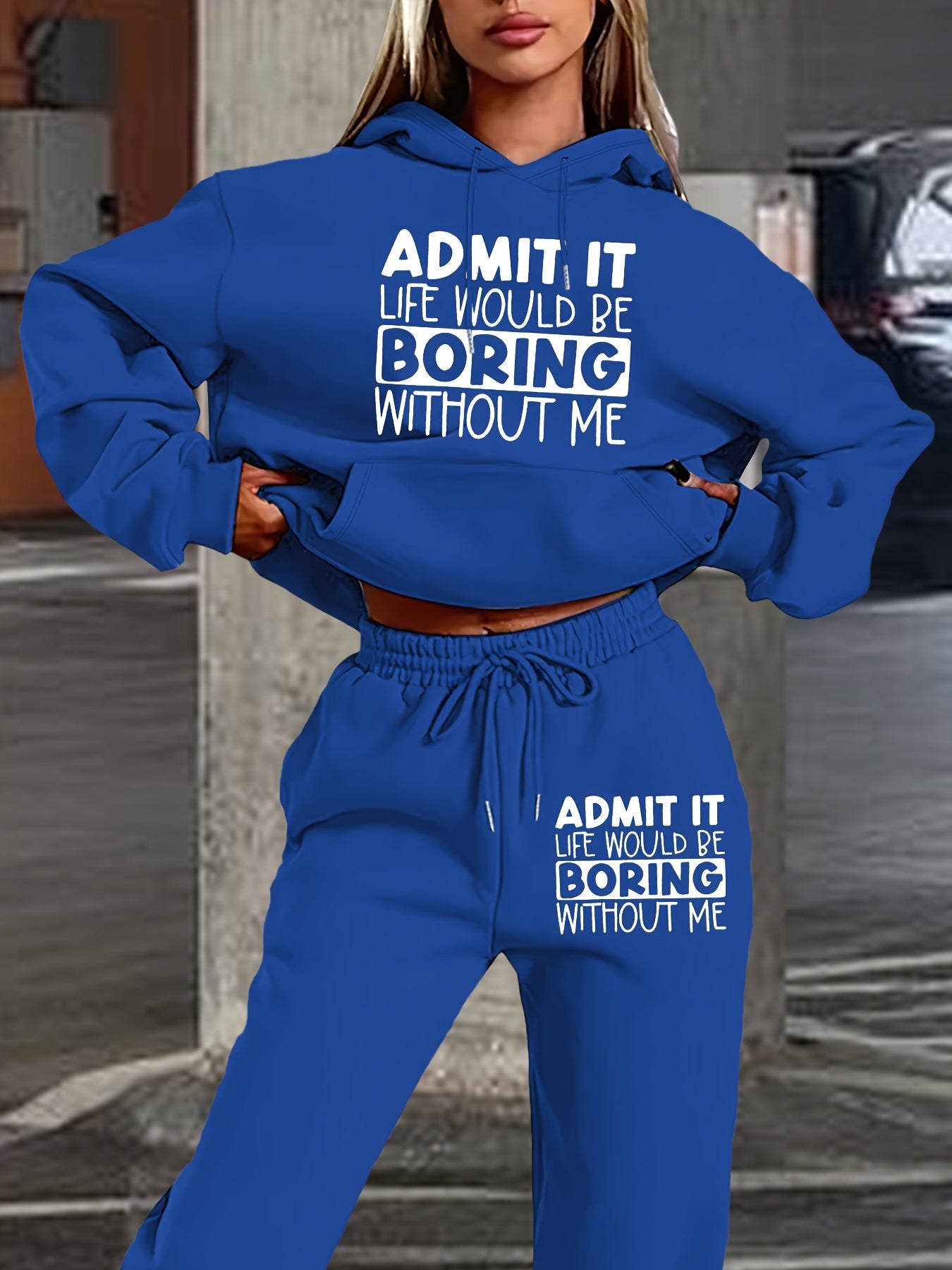 Women's Casual Hoodie & Jogger Set - Letter Print, Long Sleeve with Pockets, Polyester Blend, Machine Washable - Perfect for Fall/Winter