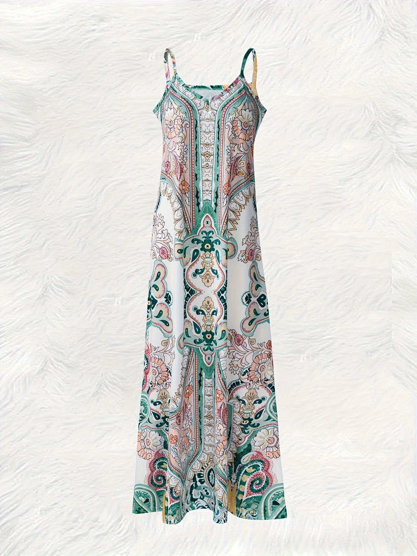 Women'S Bohemian V-Neck Sleeveless Maxi Dress, Floral Print Knit Fabric, Polyester Vacation Style Slip Dress for All Seasons, 180g/m² - LSH-FLL
