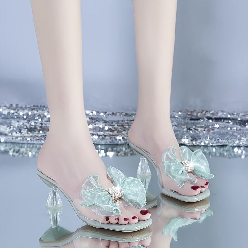 Women's Elegant Butterfly Decor Stiletto Sandals - Transparent Mint Green High Heels with Rhinestone Accents, Comfortable Summer Party Shoes, Slip-On Design, Faux Cover Upper Strap, Butterfly Sandals