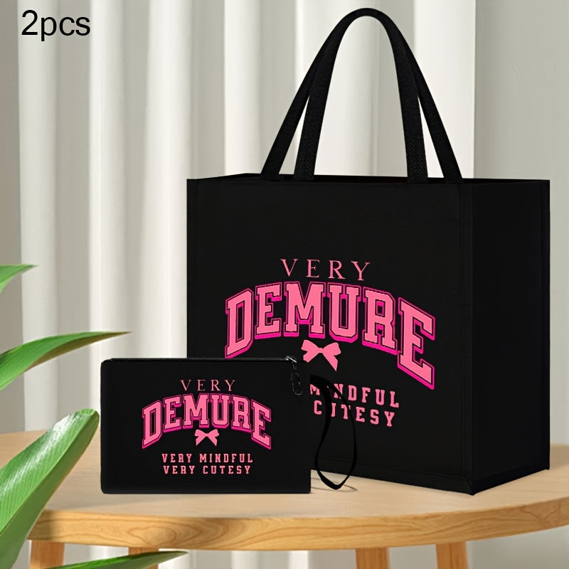 2pcs Chic Black Linen Tote & Makeup Bag Set with "VERY DEMURE" Print - Lightweight, Durable Shopping and Beach Travel Bags with Pink Bow Accent, Hand Washable