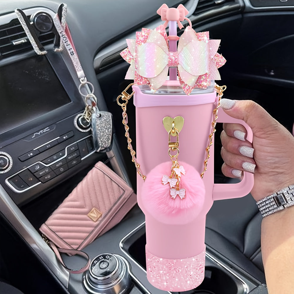 8pcs Bling Silicone Accessories for 30oz 40oz Tumbler Cup, Including Silicone Bow Straw Topper Cover, Protective Silicone Boot, Leather Water Bottles Handle Strap