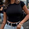 Women'S Slim-Fit Stretch Short Sleeve Crop Top - Solid Color Black, Casual Round Neck T-Shirt, Machine Washable, Perfect for Spring, Summer & Fal