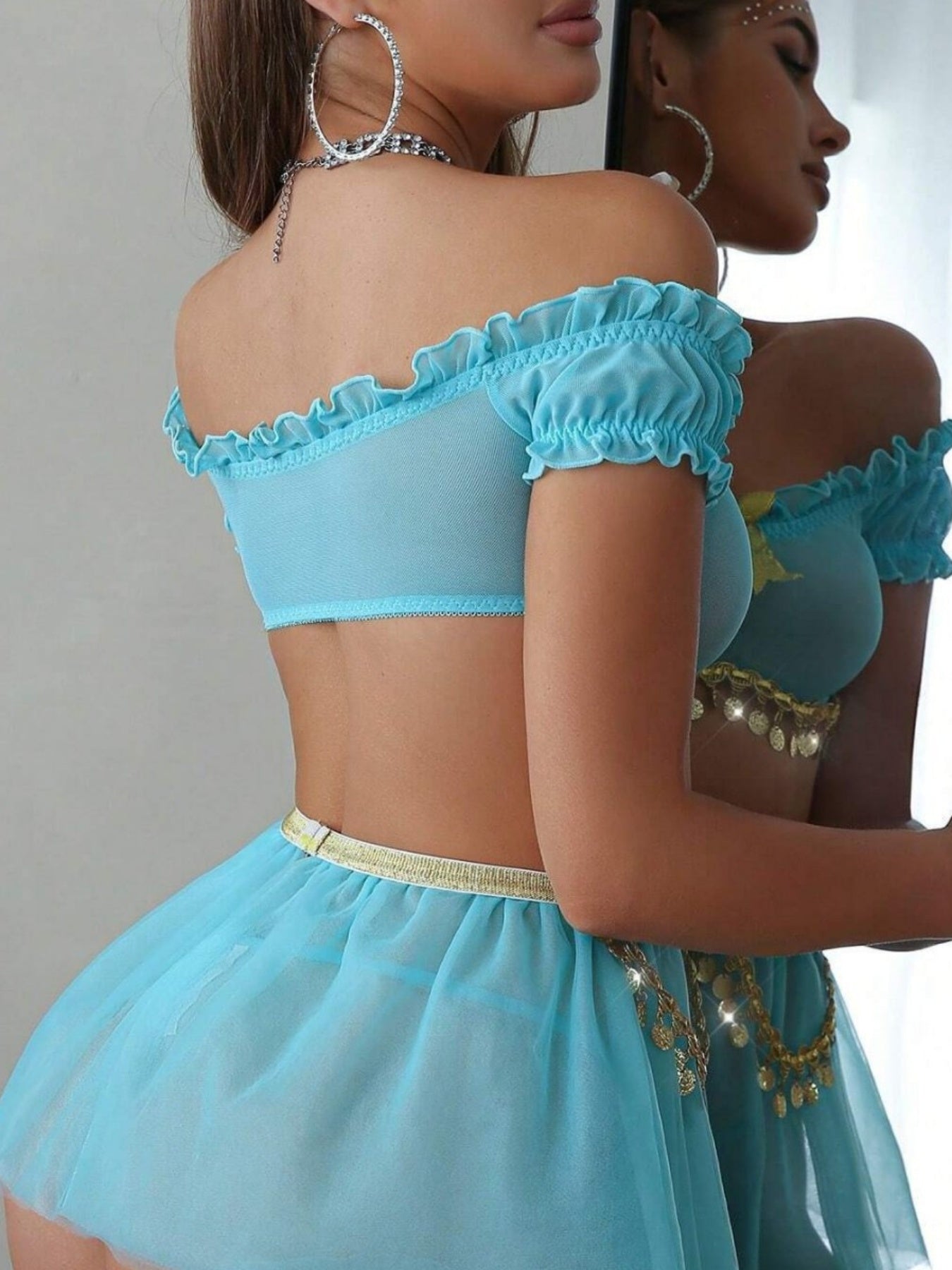 Women Teddy Lingerie Set Sequin Tassels Sheer Off-Shoulder Tops and Elastic Thong Skirt Set for Babydoll Sleepwear