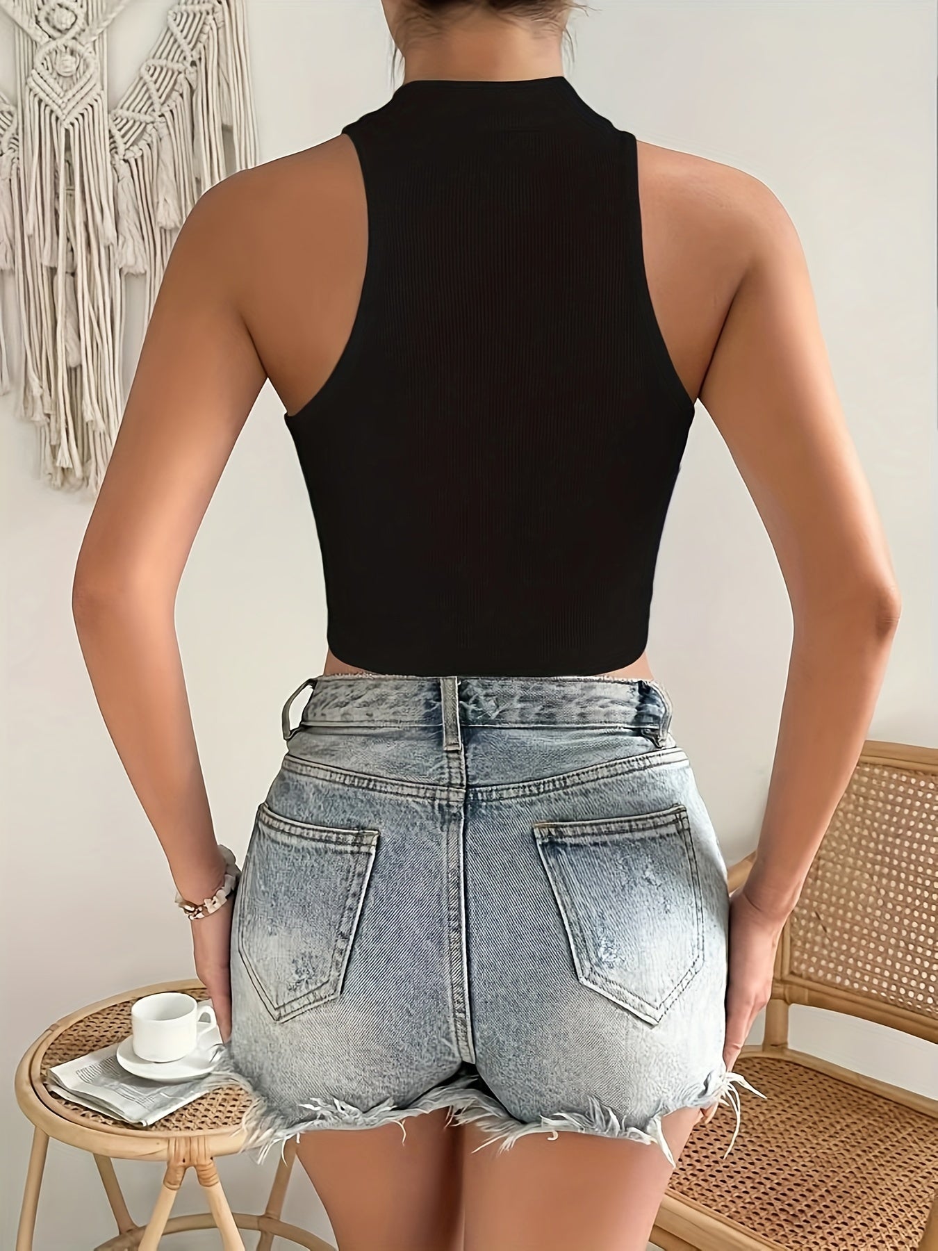 Women'S Y2K Style Solid Color Polyester Crop Top, Sleeveless Stand Collar Hollow Detail, Knit Fabric, Stretch Fit, All-Season Vest - 95% Polyester, 5% Elastane