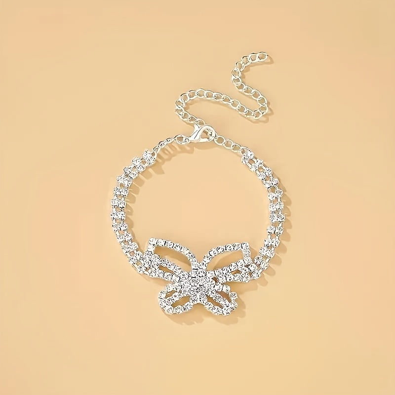 2 Pieces Of Butterfly Rhinestone Decorative Bracelet+anklet Set, Sparkling Hollow Butterfly Pendant Bracelet And Anklet Set, Suitable For Women's Party Engagement And Decoration