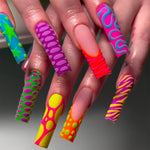 24pcs of Long Press on Nails Y2K Summer Macaron Funny Colorful Graffiti Design 3D Purple Relief Three-Dimensional Crocodile Pattern Cool Hot Girl Summer Green Five-Pointed Star Advanced Matte French Fake Nails with Jelly Glue