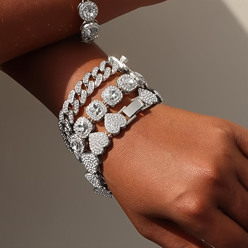 4pcs Set Golden Bracelet Women Girls Silvery Cluster Tennis Bracelet Women Heart Round Cuban Bracelet Layered Link Bracelet Set Fashion Jewelry Women Girls Gift Set