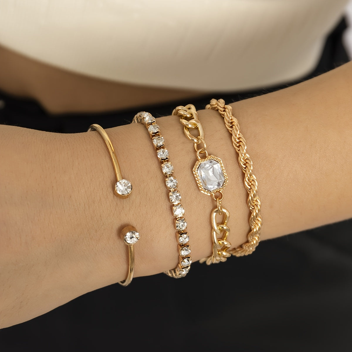 4pcs/Set Elegant Imitation Gemstone Rhinestone Claw Chain Twist Bracelet Open Bangle for Women, Perfect for Vacation & Casual Attire