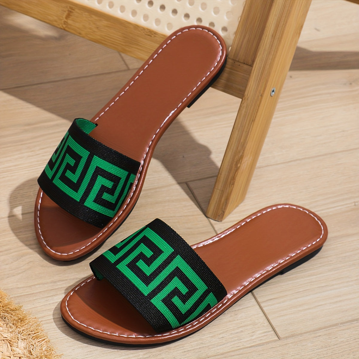 Women's Slip-On Open-Toe Sandals with Black & White Striped Pattern - Breathable Fabric Upper, Soft Synthetic Cover Insole & Non-Slip Rubber Sole - Casual Summer Beach Shoes for Women, Ladies Sandals