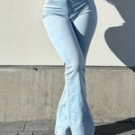 Women'S High Stretch Flared Jeans With Pockets, Comfortable And Stylish Everyday Casualwear, Light Blue Washed Design, Versatile, Everyday Trend, Wear All Seasons.