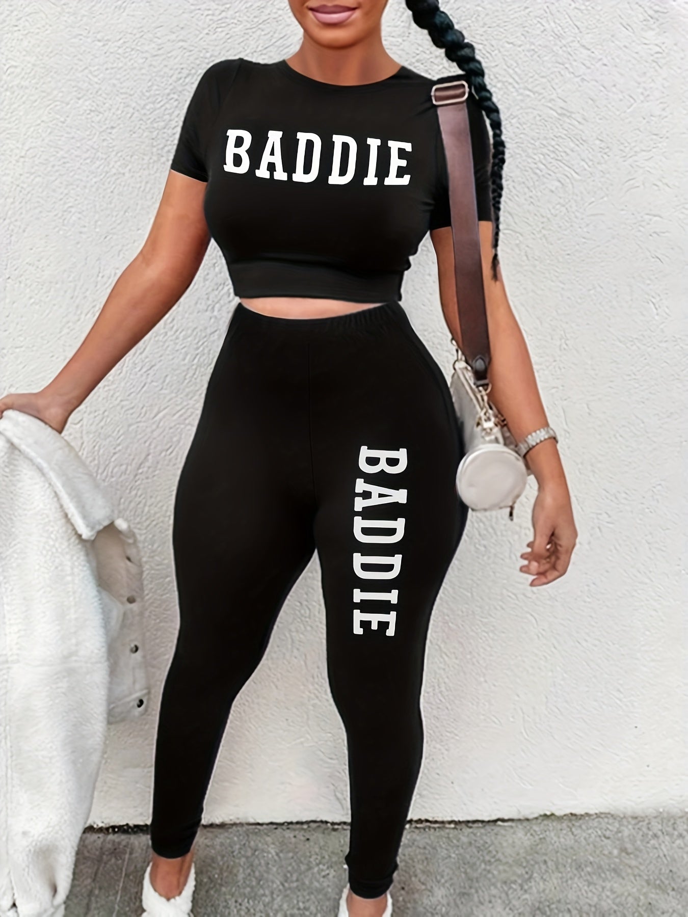 8790B185 European and American Women's Casual Motorcycle Two-piece Set with Letter Print, Tight Short Shirt and Long Pants Sexy Leisure Outdoor Suit
