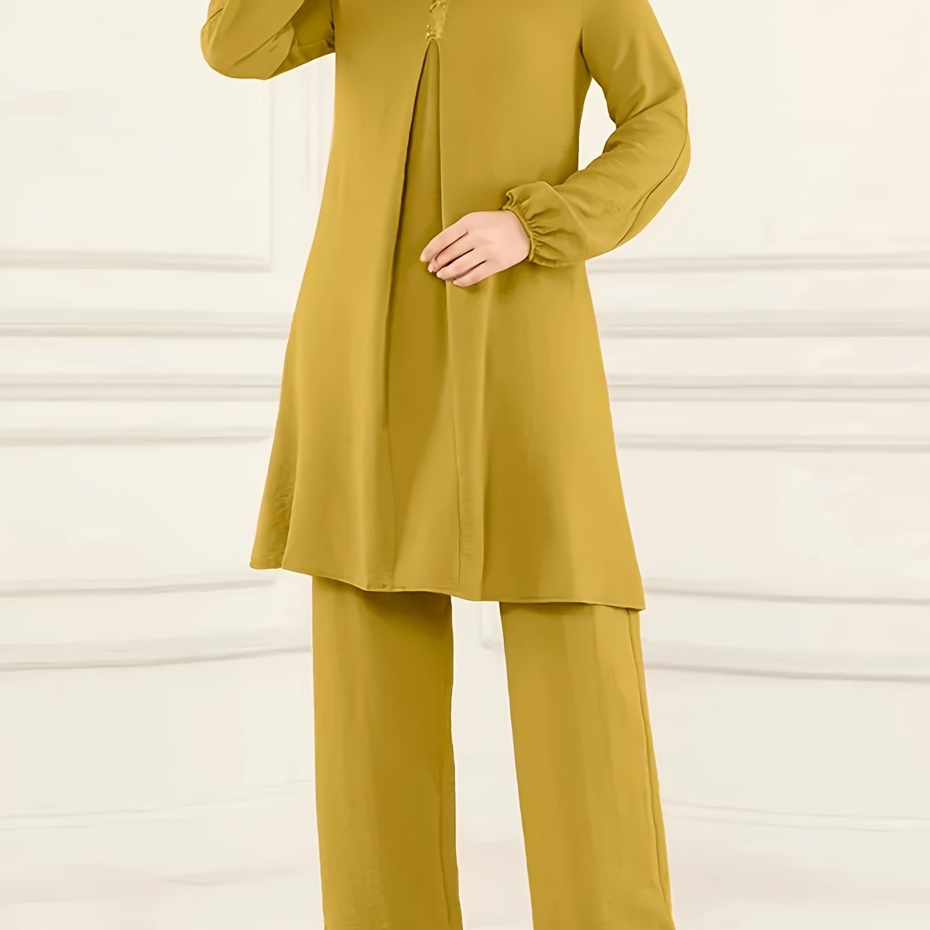 Ramadan Elegant Solid Muslim Two-piece Set, Long Sleeve Crew Neck Top & Straight Leg Pants Outfits, Women's Clothing