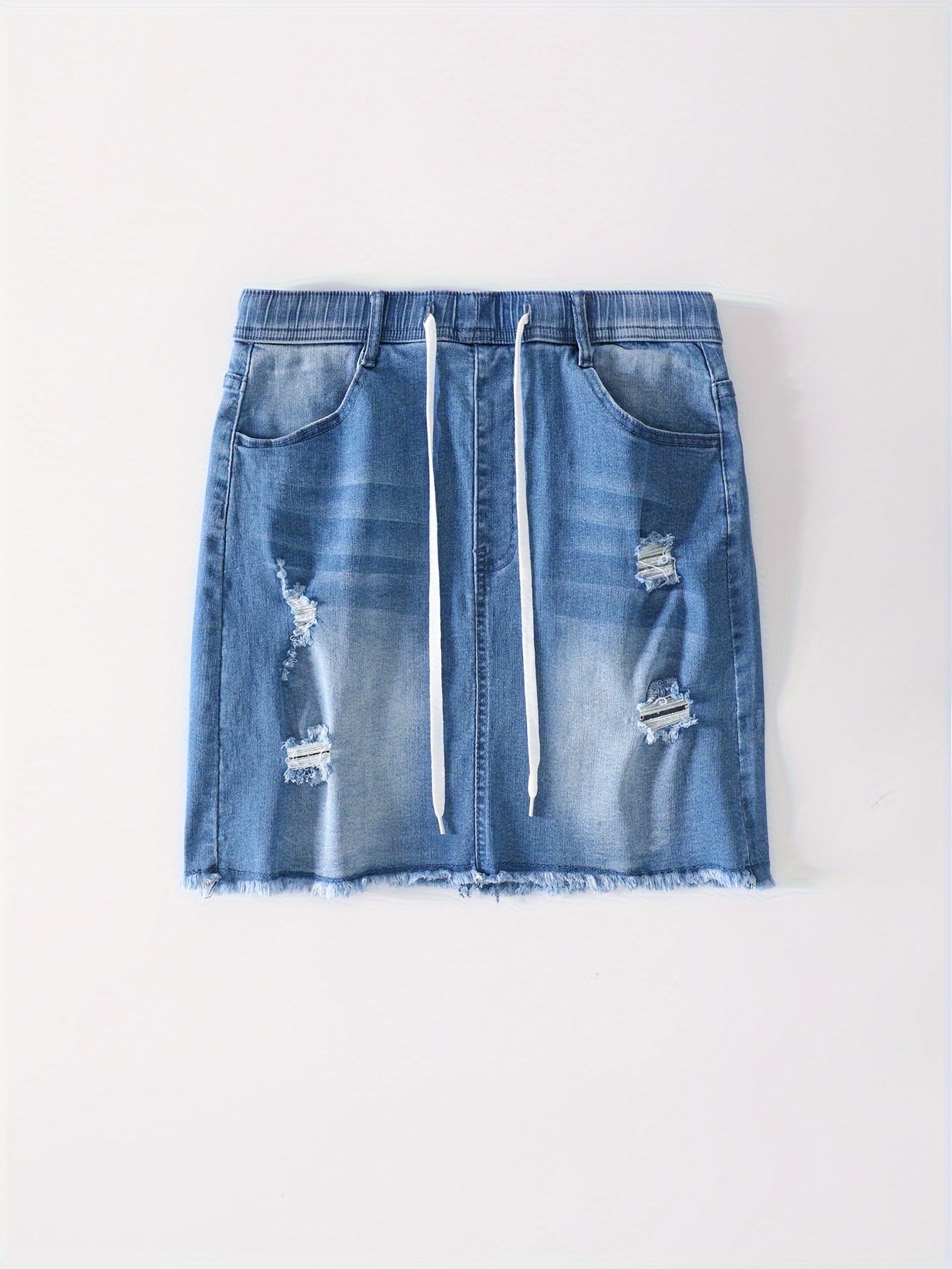 Women'S Bodycon Denim Short Skirt, Casual Ripped Distressed Design, Medium Stretch, Drawstring Waist, Solid Color, Woven Fabric, 320g/m² Lining Weight, for Spring/Summer/Fall