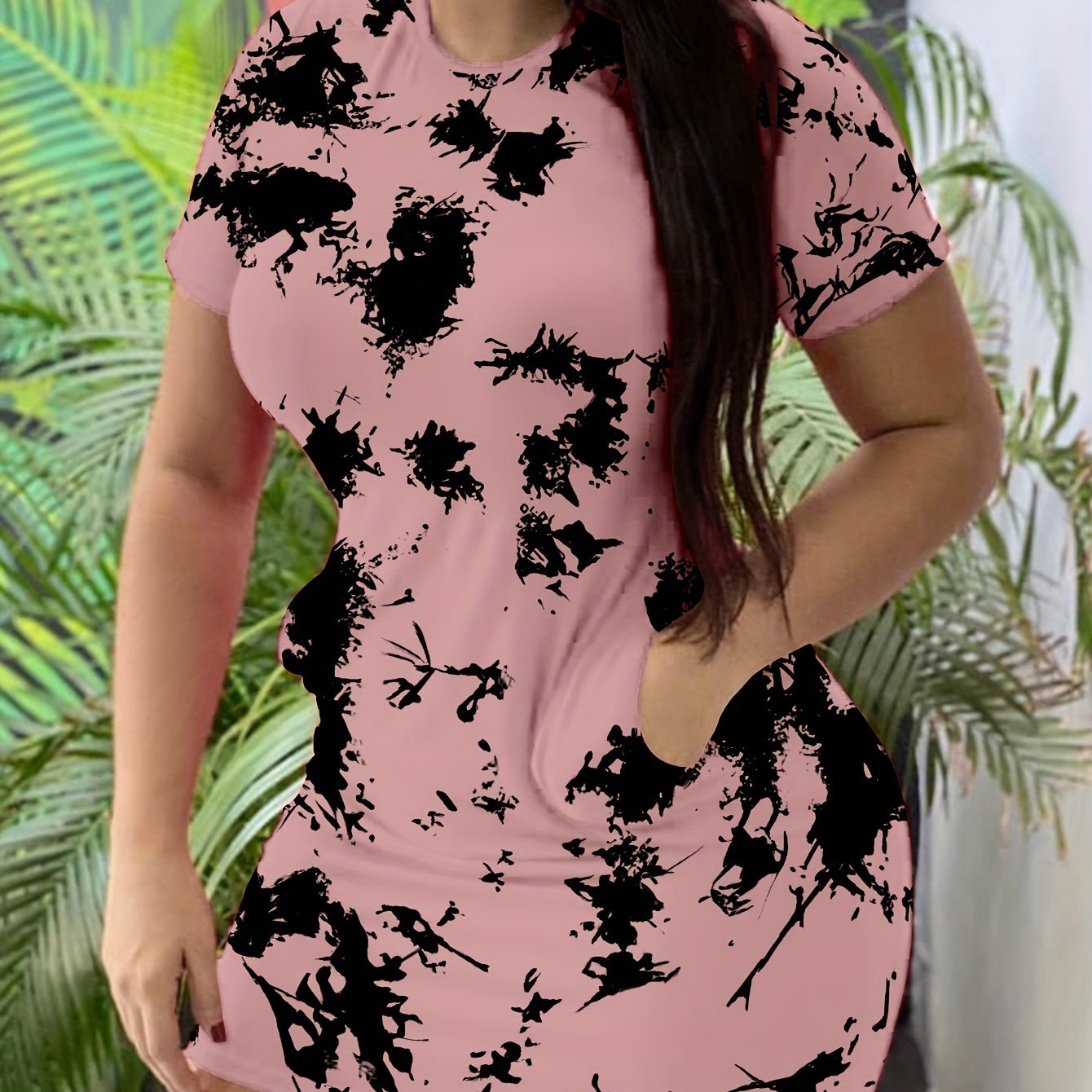 Women's Elegant Tie-Dye Print Short Sleeve Dress - Casual Round Neck Fitted Flared Skirt with Pockets, Machine Washable Pink & Black Summer Dress for Spring/Fall, Spring Fashion | Tiedye Pattern Dress | Comfortable Fabric