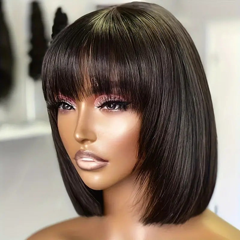 200 Density, Machine Made Bob Wig, Women'S Short Bob Wig with Bangs - Natural Black Machine Made Brazilian Human Hair - Glueless Wig 3 Seconds To Wear, Short Bob Human Hair Wig, Elegant Look Fit Natural Human Hair Wig