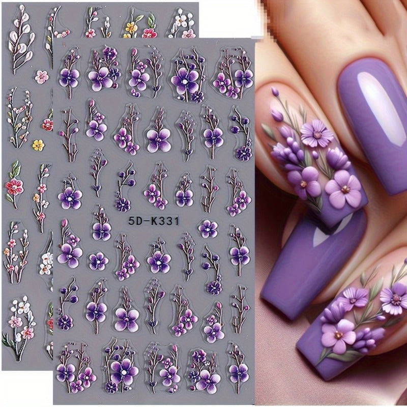 2pcs 5D Floral Nail Art Stickers - Dreamy Purple & Pink Flowers, Vines & Roses | Realistic Self-Adhesive Decals for DIY Manicure | Fragrance-Free, Reusable Plastic Embellishments with Glitter Accents, Nail Stickers