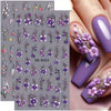 2pcs 5D Floral Nail Art Stickers - Dreamy Purple & Pink Flowers, Vines & Roses | Realistic Self-Adhesive Decals for DIY Manicure | Fragrance-Free, Reusable Plastic Embellishments with Glitter Accents, Nail Stickers