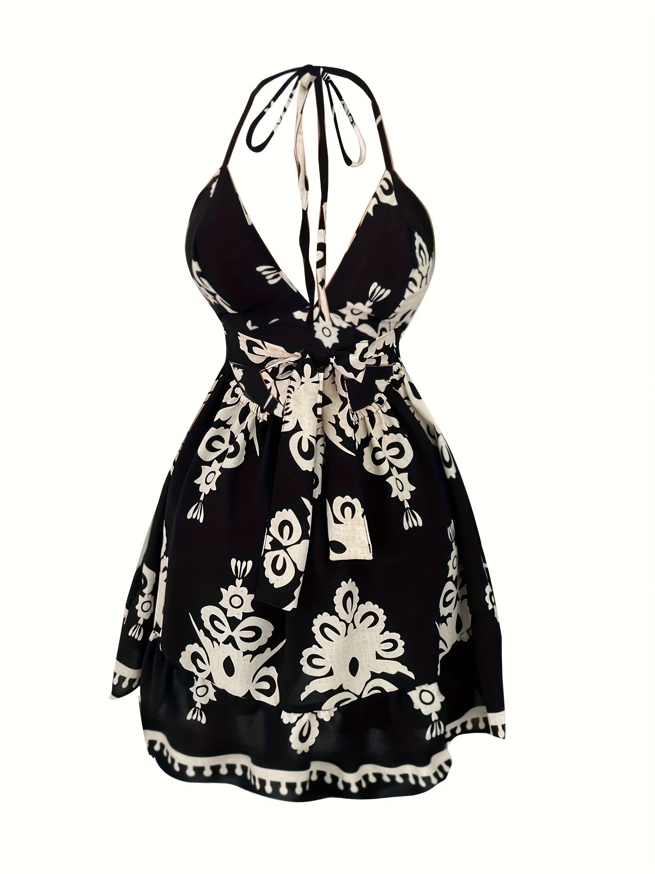 Women's Elegant Halter Neck Summer Dress - Black & White Floral Print A-Line Knee-Length with Back Bow Detail, Machine Washable for Beach, Casual & Semi-Formal Occasions, No Stretch Fabric, Beach Dress