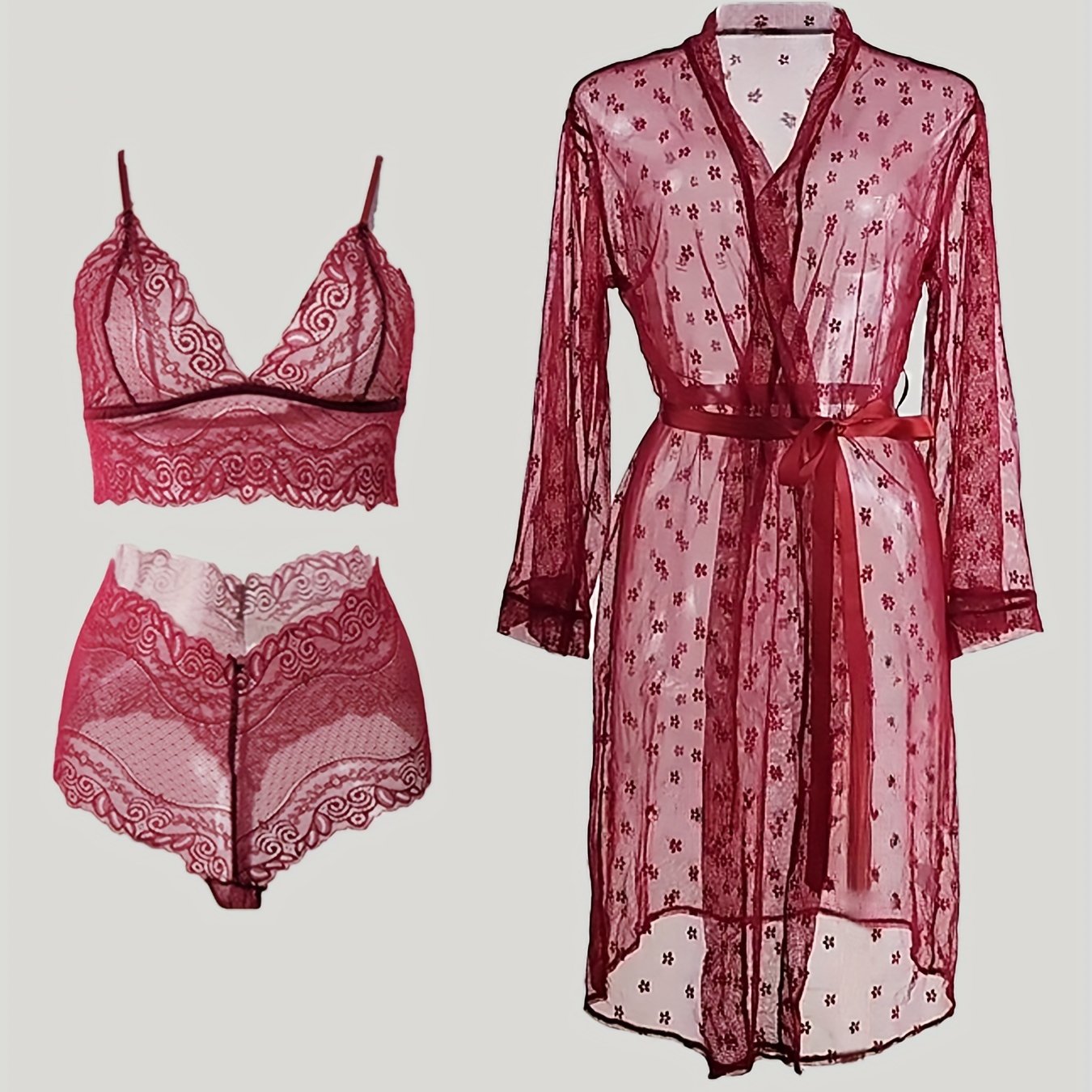 4pcs Romantic Pajama Set - Floral Polka Dots Deep V 3/4 Sleeve Bow Knot Split Soft Stretchy Long Loose Ultra Thin Gauze Nightgown With Belt & Hollow Lace Mesh Bra & Panties - Perfect For A Romantic Evening
