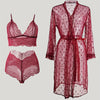 4pcs Romantic Pajama Set - Floral Polka Dots Deep V 3/4 Sleeve Bow Knot Split Soft Stretchy Long Loose Ultra Thin Gauze Nightgown With Belt & Hollow Lace Mesh Bra & Panties - Perfect For A Romantic Evening