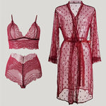 4pcs Romantic Pajama Set - Floral Polka Dots Deep V 3/4 Sleeve Bow Knot Split Soft Stretchy Long Loose Ultra Thin Gauze Nightgown With Belt & Hollow Lace Mesh Bra & Panties - Perfect For A Romantic Evening