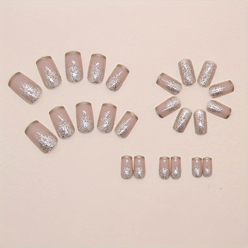 24pcs of sparkling gradient nail art pieces for wearing, European square press on fake nails, sweet and cool, white and elegant style. Detachable, suitable for holiday gatherings, friends' gatherings, daily wear, press on nai