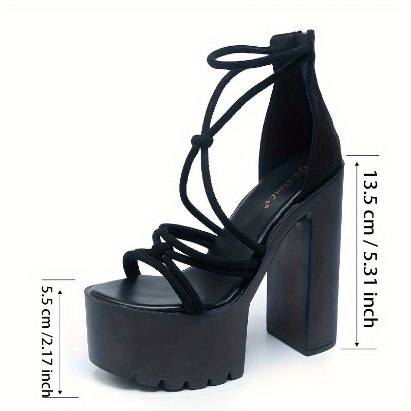 Elegant Black Block Heel Sandals for Women - Sexy Open Toe with Crisscross Straps, High Platform Dress Shoes with Back Zipper, Faux Cover Lining, Fashion Sandals|Skyhigh Heels|Chunky Heel Construction, Stiletto Heels