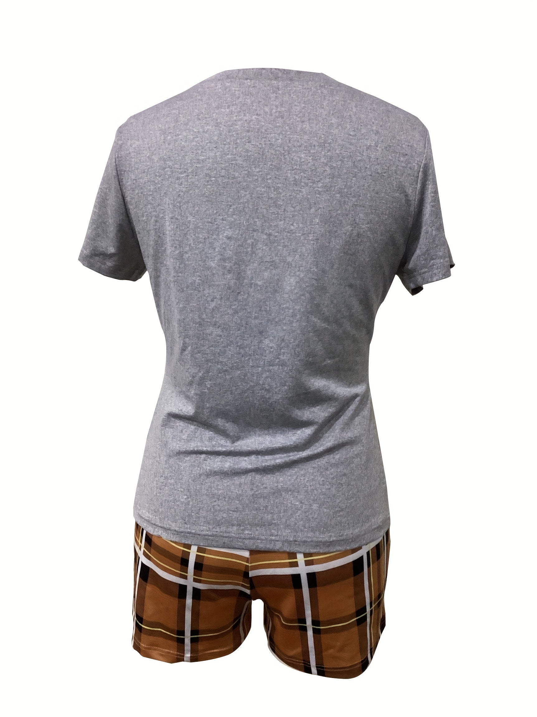 Casual Spring & Summer Two-piece Set, Queen Letter Print Short Sleeve Tee & Plaid Slim Shorts Outfits, Women's Clothing