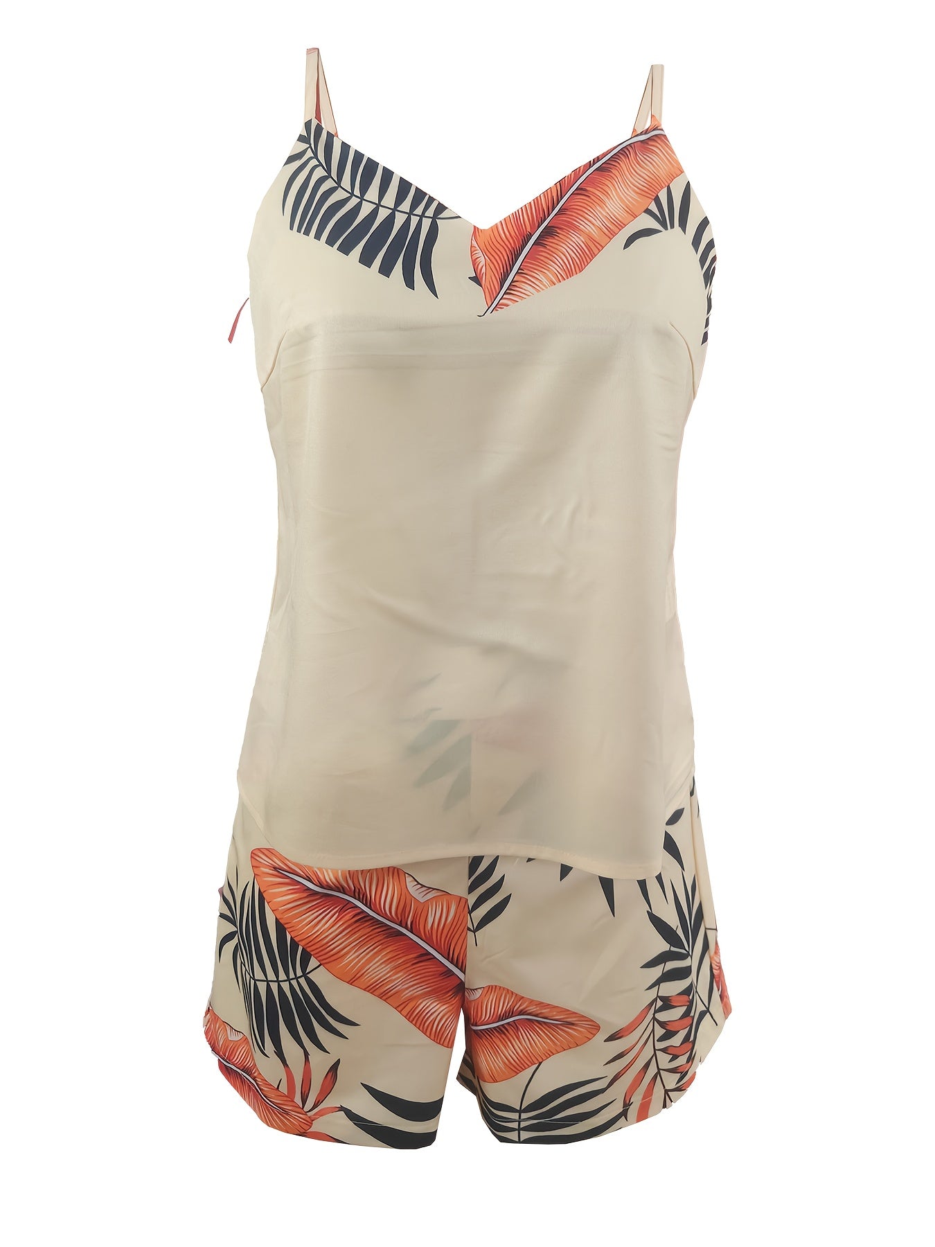 Women's Tropical Print Two-Piece Set – Elegant Spaghetti Strap Top & High-Waisted Shorts, Lightweight Polyester, Spring/Summer Fashion