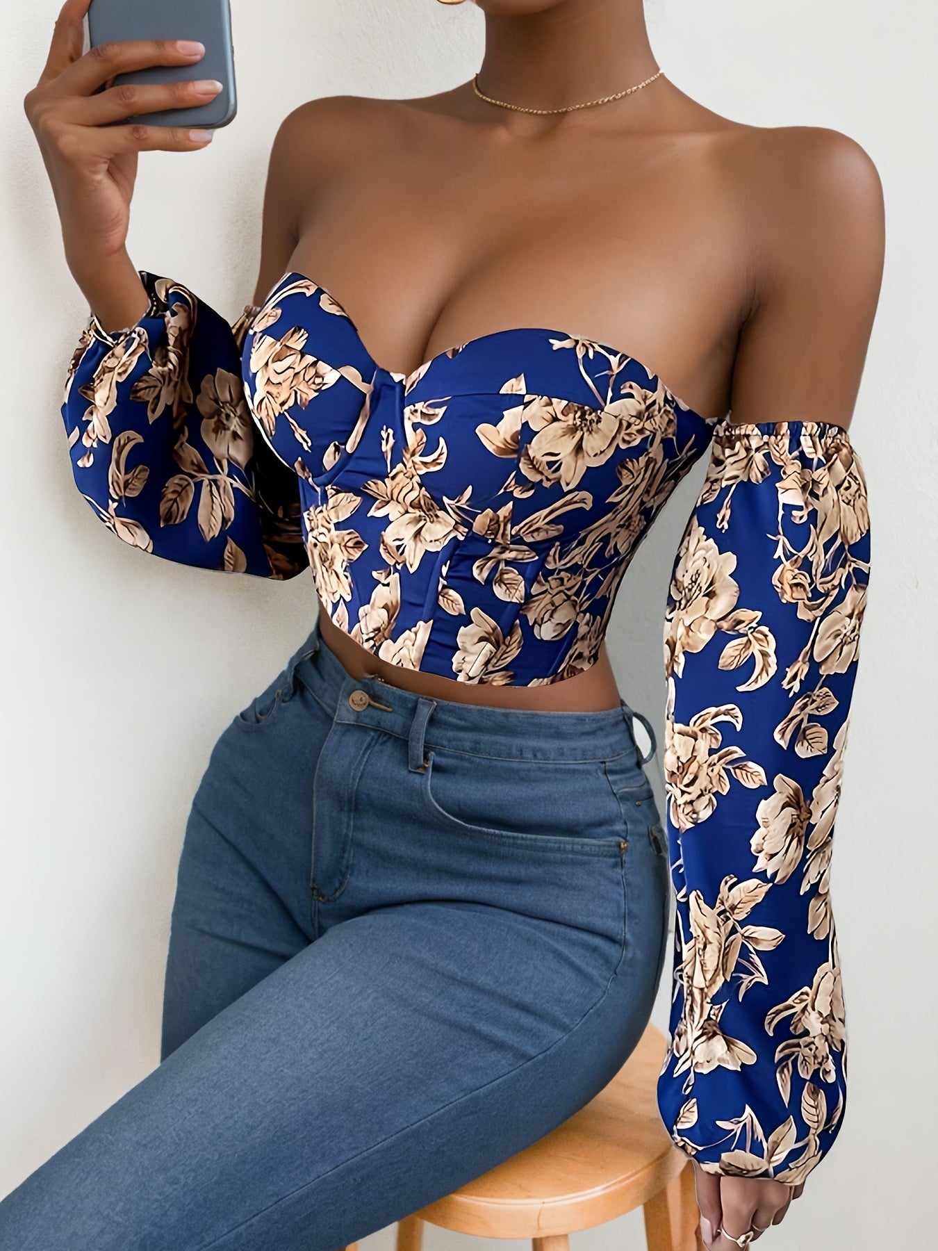 Vibrant Floral Print Crop Top, Off-shoulder Strappy Blouse with Lantern Sleeve for Spring & Summer, Women's Clothing