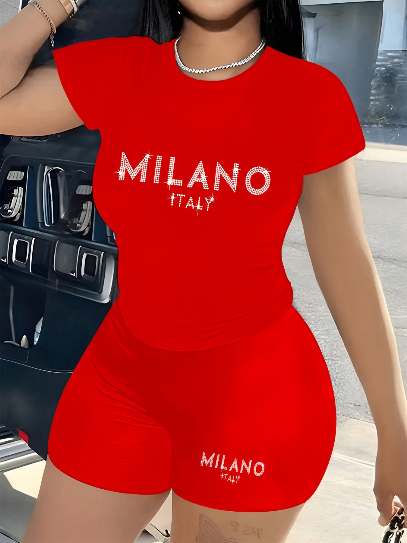 9600WM22 European and American Women's Large Size Women's Round Neck Short Sleeve Shorts with Letter Print Two Piece Set