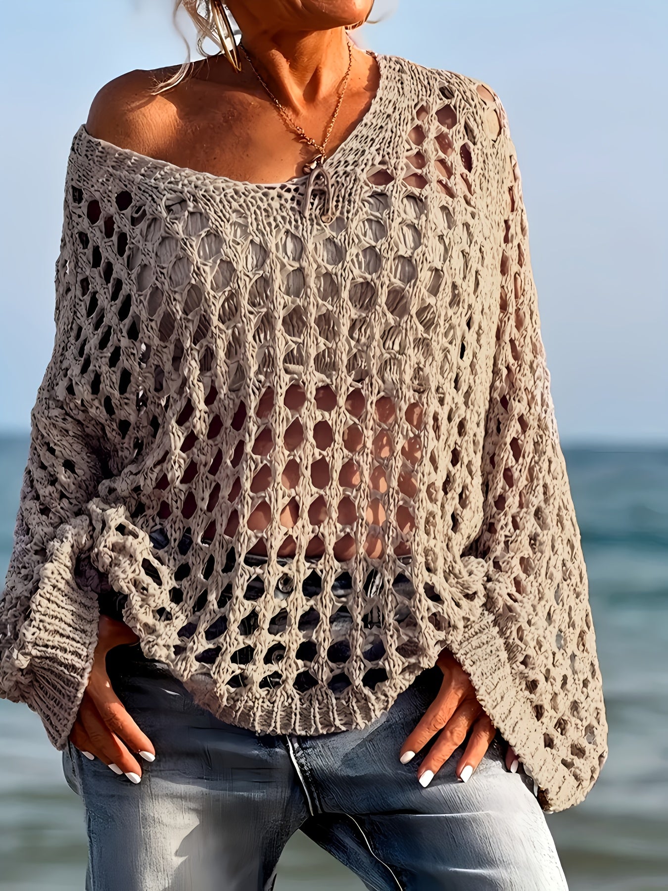 [Beach-Ready] Women's Crochet Knit Top | Long Sleeve | Polyester | Breathable | Casual | Spring & Summer
