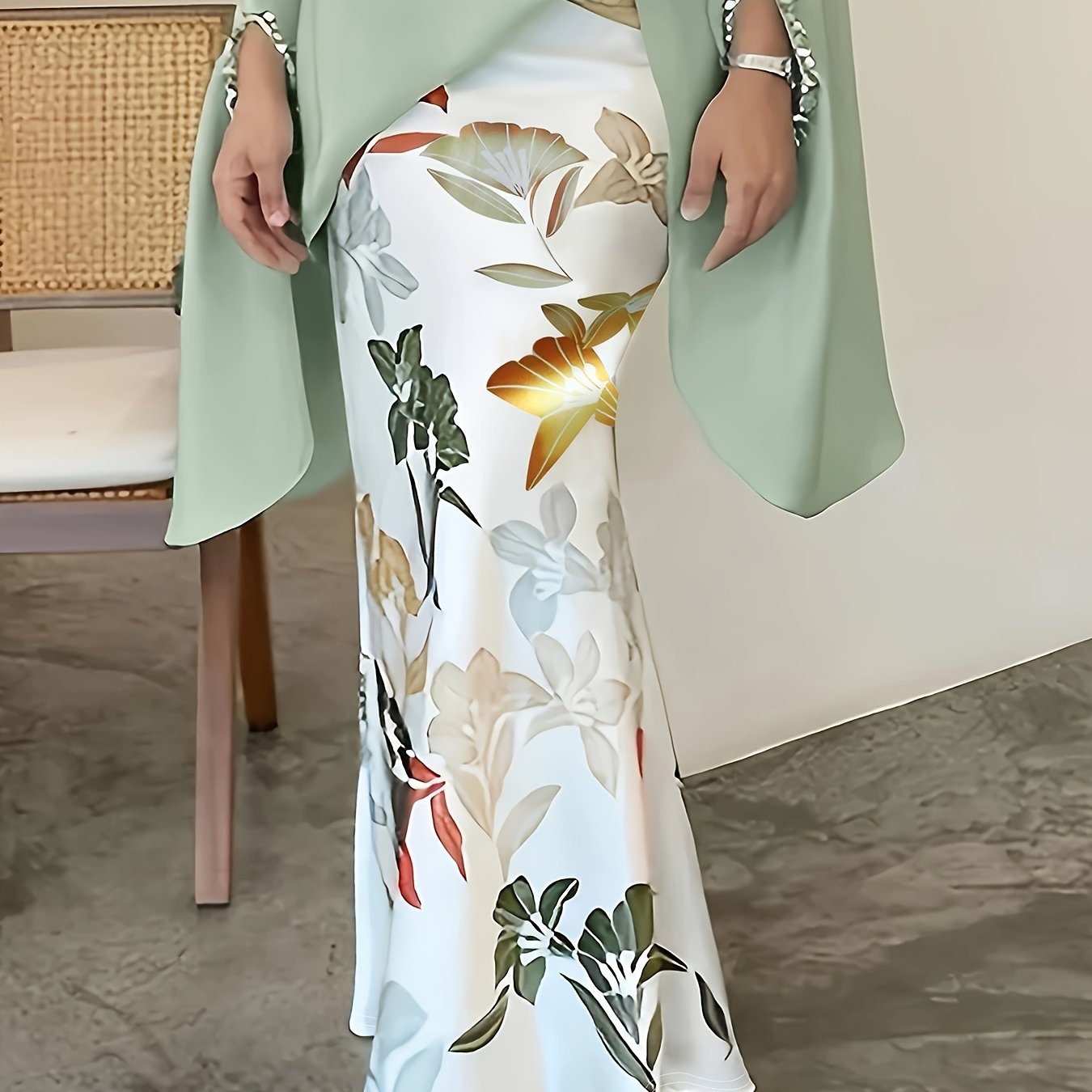 Women's Elegant Floral Print Stretchy Mermaid Skirt - Plus Size Long Flowy Polyester-Spandex Blend, Machine Washable All-Season Midi Skirt for Casual & Formal Wear, Comfortable Fashion | Highwaisted Skirt | Flexible Wear