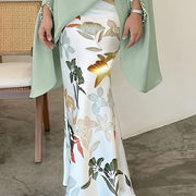 Women's Elegant Floral Print Stretchy Mermaid Skirt - Plus Size Long Flowy Polyester-Spandex Blend, Machine Washable All-Season Midi Skirt for Casual & Formal Wear, Comfortable Fashion | Highwaisted Skirt | Flexible Wear