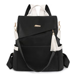 [Travel Ready] Elegant Women's Anti-Theft Lightweight Backpack - Chic White with Pink Accents, Large Capacity, Adjustable Straps, Tassel Detail, PU Material, Perfect for Travel & Daily Use