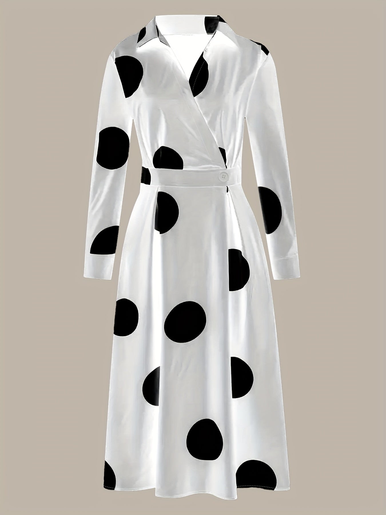 Women'S Elegant Long-Sleeve V-Neck Polka Dot Dress - White with Black Dots, Pencil Fit, Perfect for Spring/Summer/Fall, Casual Attire|Pencil Fit Dress|Vneckline Dress